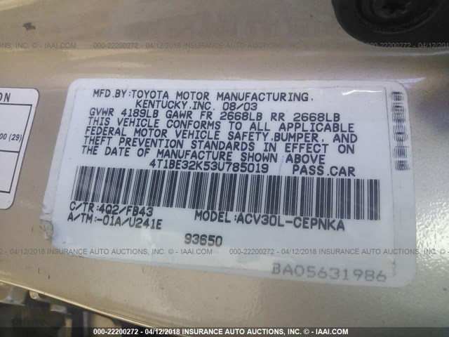 4T1BE32K53U785019 - 2003 TOYOTA CAMRY LE/XLE/SE 金色 照片 9