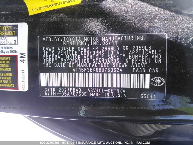 4T1BF3EK6BU753624 - 2011 TOYOTA CAMRY SE/LE/XLE BLACK photo 9