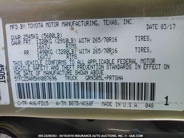 5TFCZ5AN5HX087696 - 2017 TOYOTA TACOMA DBL CAB/SR/TRDSPT/OR/PRO ოქროსფერი ფოტო 9