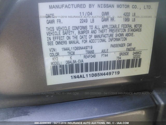 1N4AL11D85N449719 - 2005 NISSAN ALTIMA S/SL BROWN photo 9