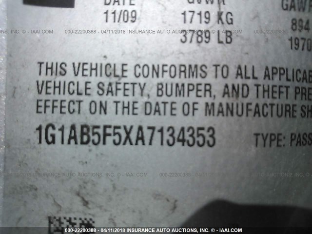 1G1AB5F5XA7134353 - 2010 CHEVROLET COBALT LS SILVER photo 9