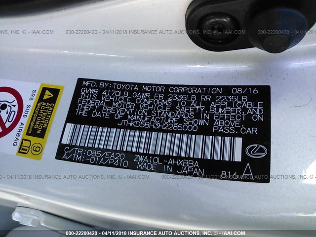 JTHKD5BH3H2285000 - 2017 LEXUS CT 200 WHITE photo 9