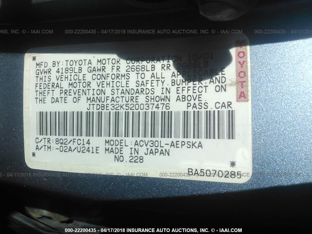 JTDBE32K520037476 - 2002 TOYOTA CAMRY LE/XLE/SE ლურჯი ფოტო 9