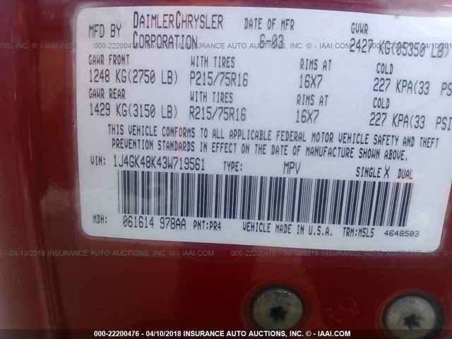 1J4GK48K43W719561 - 2003 JEEP LIBERTY SPORT/FREEDOM წითელი ფოტო 9