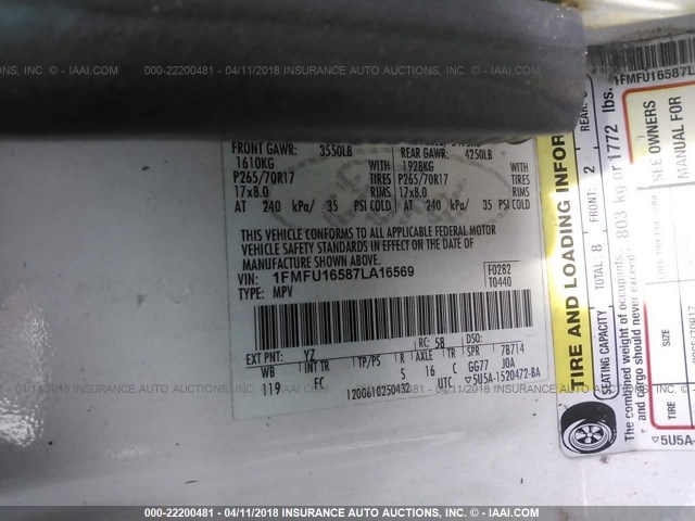 1FMFU16587LA16569 - 2007 FORD EXPEDITION XLT თეთრი ფოტო 9