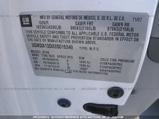 3GNDA13DX8S616349 - 2008 CHEVROLET HHR LS WHITE photo 9