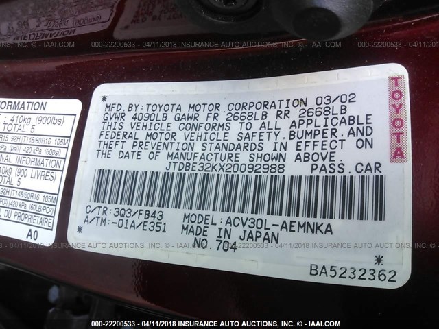 JTDBE32KX20092988 - 2002 TOYOTA CAMRY LE/XLE/SE RED photo 9