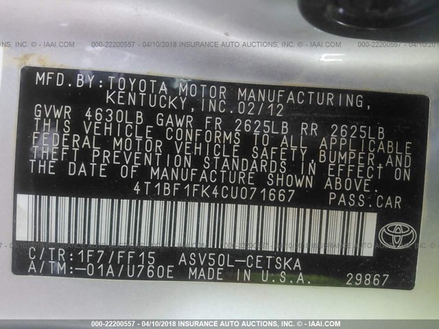 4T1BF1FK4CU071667 - 2012 TOYOTA CAMRY SE/LE/XLE ვერცხლისფერი ფოტო 9