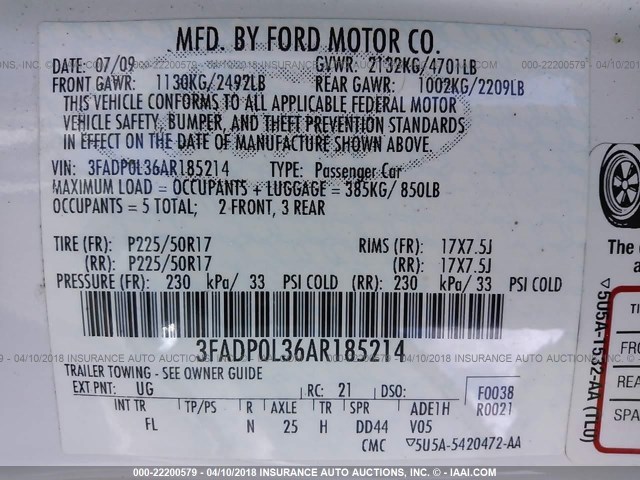 3FADP0L36AR185214 - 2010 FORD FUSION HYBRID WHITE photo 9