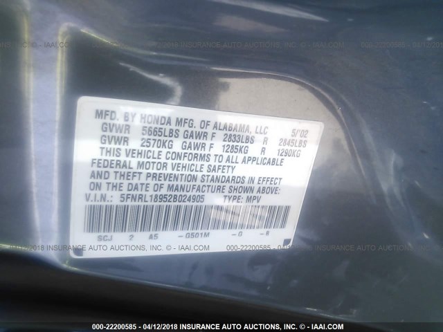 5FNRL18952B024905 - 2002 HONDA ODYSSEY EXL ნაცრისფერი ფოტო 9