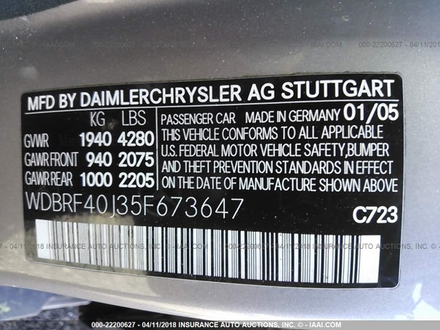 WDBRF40J35F673647 - 2005 MERCEDES-BENZ C 230K SPORT SEDAN SILVER photo 9