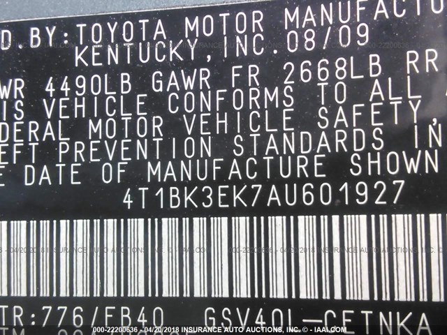 4T1BK3EK7AU601927 - 2010 TOYOTA CAMRY SE/LE/XLE TEAL photo 9