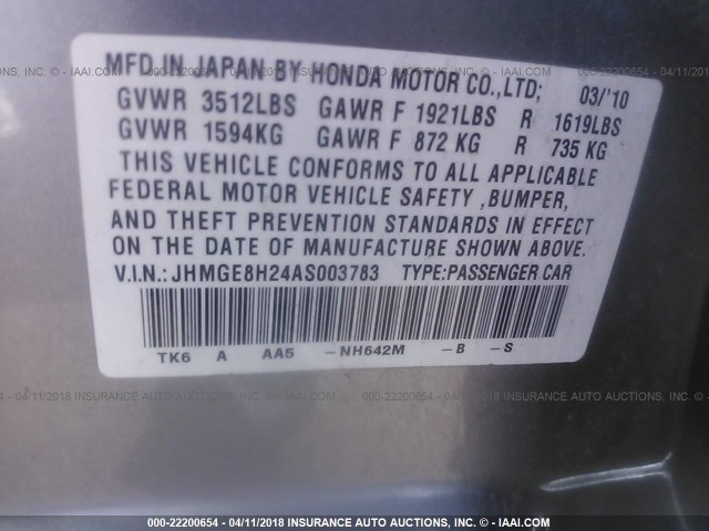 JHMGE8H24AS003783 - 2010 HONDA FIT SILVER photo 9