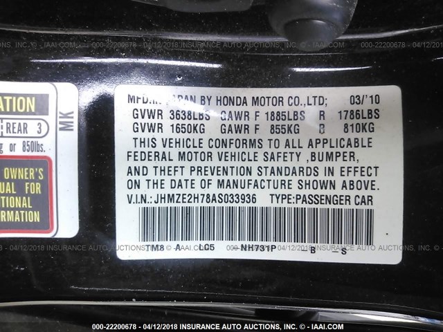 JHMZE2H78AS033936 - 2010 HONDA INSIGHT EX შავი ფოტო 9