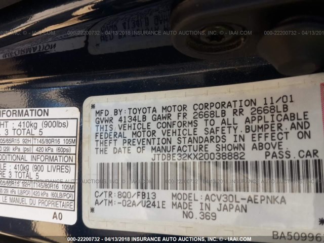 JTDBE32KX20038882 - 2002 TOYOTA CAMRY LE/XLE/SE BLUE photo 9