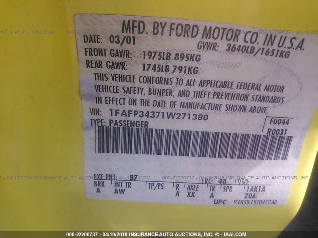 1FAFP34371W271380 - 2001 FORD FOCUS SE/SE SPORT YELLOW photo 9