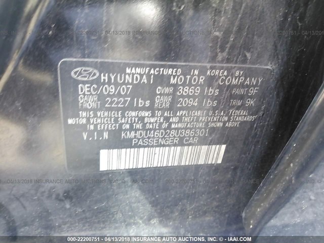 KMHDU46D28U386301 - 2008 HYUNDAI ELANTRA GLS/SE/LIMITED BLACK photo 9