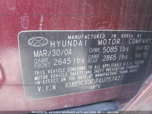 KM8SC13D74U757427 - 2004 HYUNDAI SANTA FE GLS/LX RED photo 9