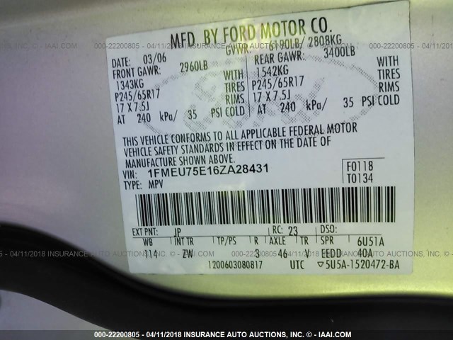 1FMEU75E16ZA28431 - 2006 FORD EXPLORER LIMITED Gümüş foto 9