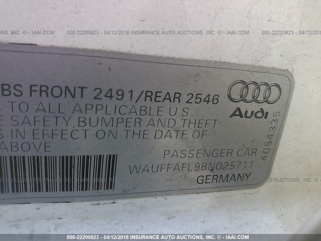 WAUFFAFL9BN025711 - 2011 AUDI A4 PREMIUM PLUS WHITE photo 9