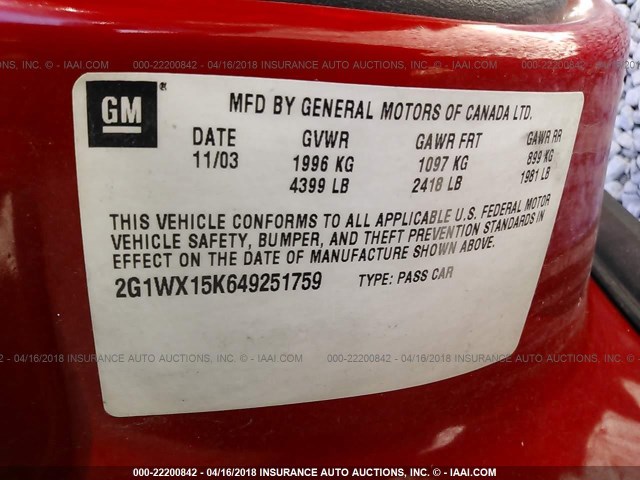 2G1WX15K649251759 - 2004 CHEVROLET MONTE CARLO SS RED photo 9