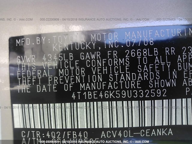 4T1BE46K59U332592 - 2009 TOYOTA CAMRY SE/LE/XLE Бежевый фото 9