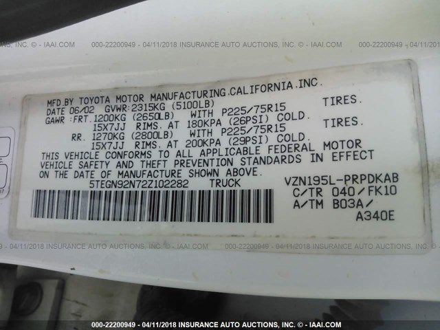 5TEGN92N72Z102282 - 2002 TOYOTA TACOMA DOUBLE CAB PRERUNNER WHITE photo 9