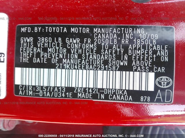 2T1KU4EE8AC291587 - 2010 TOYOTA COROLLA MATRIX  RED photo 9