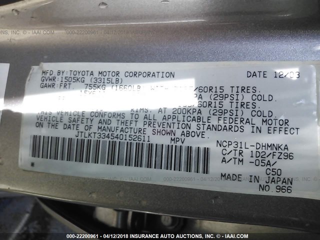 JTLKT334540152611 - 2004 TOYOTA SCION XB SILVER photo 9