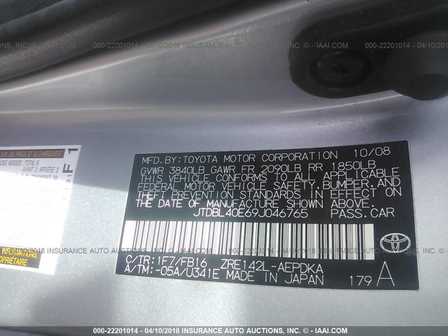 JTDBL40E69J046765 - 2009 TOYOTA COROLLA LE/XLE SILVER photo 9