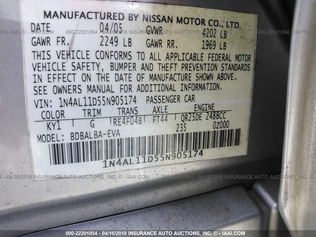 1N4AL11D55N905174 - 2005 NISSAN ALTIMA S/SL SILVER photo 9