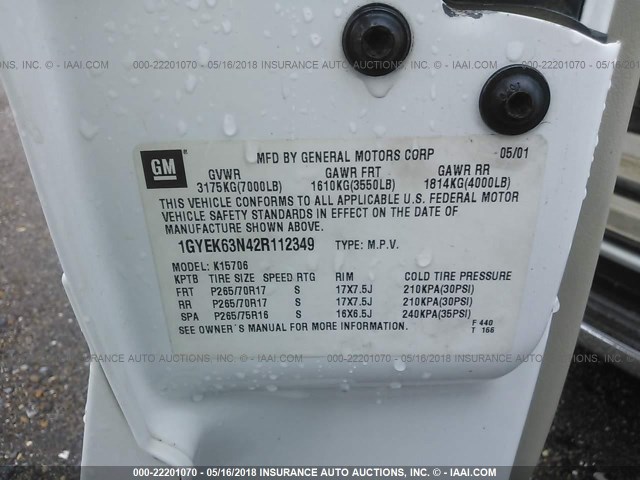 1GYEK63N42R112349 - 2002 CADILLAC ESCALADE LUXURY 白色 照片 9