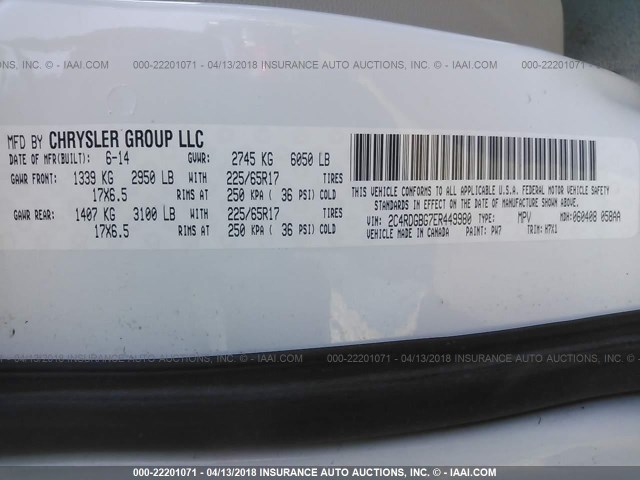 2C4RDGBG7ER449980 - 2014 DODGE GRAND CARAVAN SE WHITE photo 9