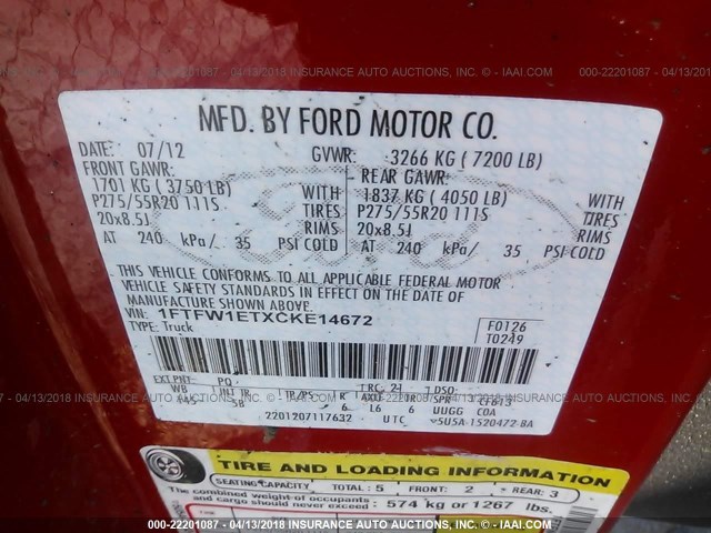 1FTFW1ETXCKE14672 - 2012 FORD F150 SUPERCREW RED photo 9