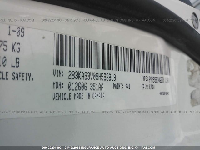 2B3KA33V09H593819 - 2009 DODGE CHARGER SXT WHITE photo 9