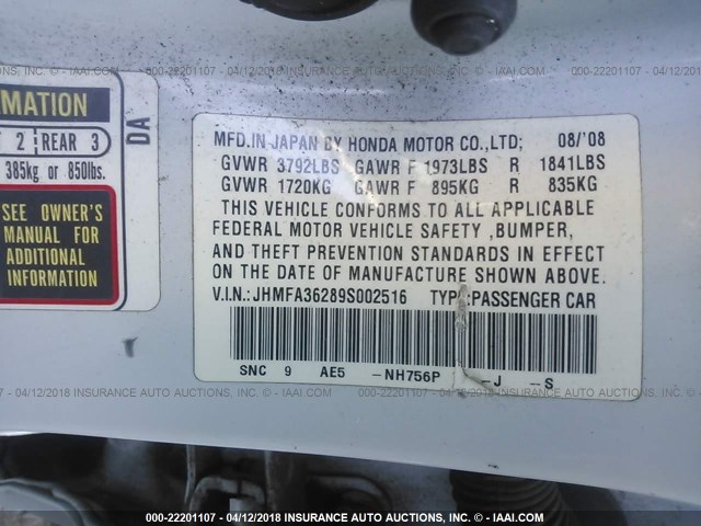 JHMFA36289S002516 - 2009 HONDA CIVIC HYBRID WHITE photo 9