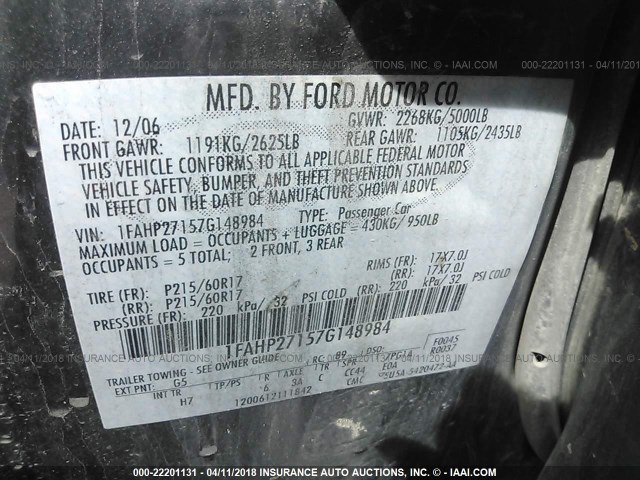 1FAHP27157G148984 - 2007 FORD FIVE HUNDRED SEL BLACK photo 9