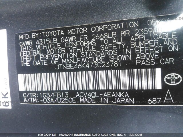 JTNBE46K473023781 - 2007 TOYOTA CAMRY NEW GENERATION CE/LE/XLE/SE BLACK photo 9
