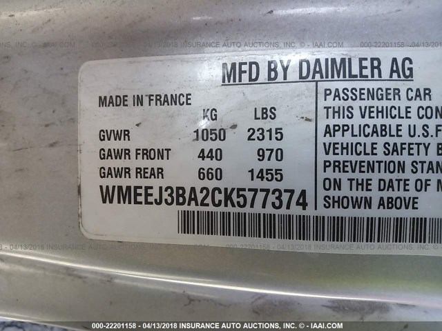 WMEEJ3BA2CK577374 - 2012 SMART FORTWO PURE/PASSION WHITE photo 9