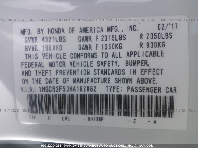 1HGCR2F50HA162882 - 2017 HONDA ACCORD SPORT 白色 照片 9