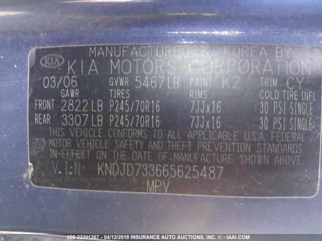 KNDJD733665625487 - 2006 KIA SORENTO EX/LX BLUE photo 9