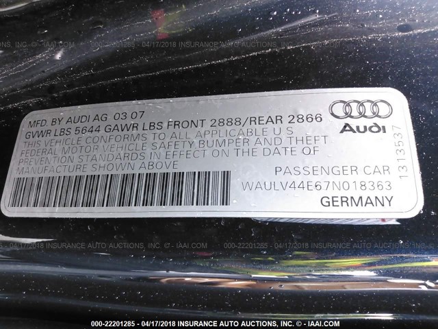 WAULV44E67N018363 - 2007 AUDI A8 4.2 QUATTRO BLUE photo 9