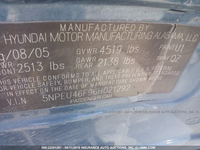 5NPEU46F96H021292 - 2006 HYUNDAI SONATA GLS/LX TEAL photo 9