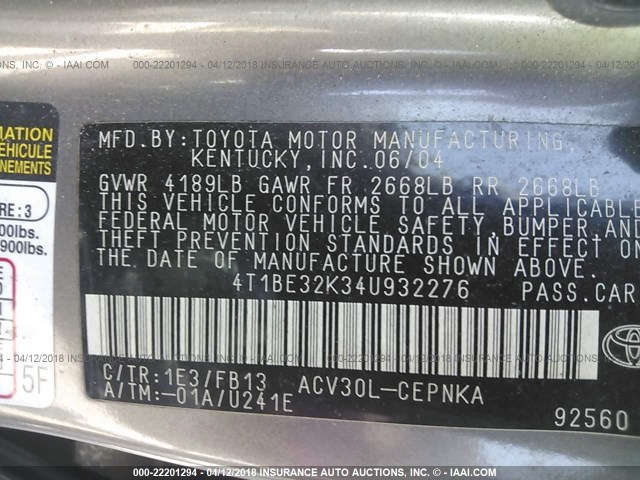 4T1BE32K34U932276 - 2004 TOYOTA CAMRY LE/XLE/SE GRAY photo 9