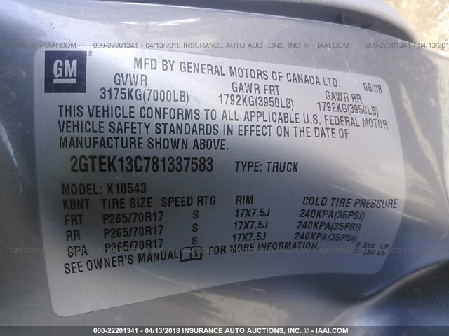 2GTEK13C781337583 - 2008 GMC SIERRA K1500 GRAY photo 9