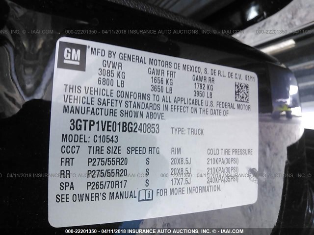 3GTP1VE01BG240853 - 2011 GMC SIERRA C1500 SLE BLACK photo 9