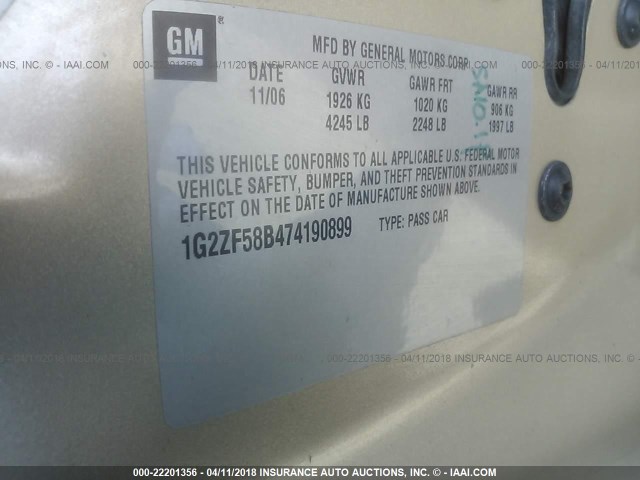 1G2ZF58B474190899 - 2007 PONTIAC G6 VALUE LEADER/BASE TAN photo 9