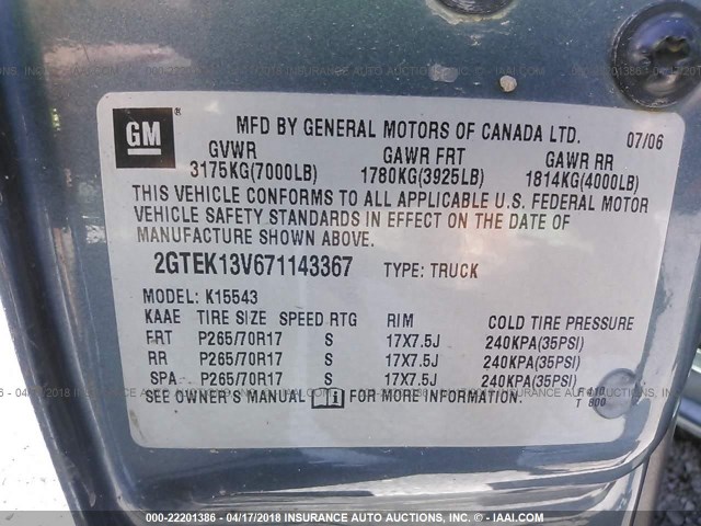 2GTEK13V671143367 - 2007 GMC NEW SIERRA K1500 BLUE photo 9