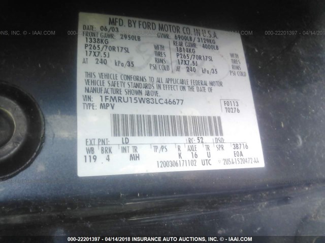 1FMRU15W83LC46677 - 2003 FORD EXPEDITION XLT BLUE photo 9