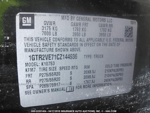 1GTR2VE71CZ144936 - 2012 GMC SIERRA K1500 SLE BLACK photo 9